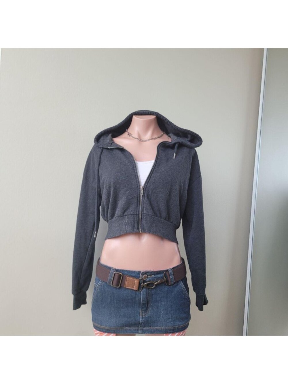 Ambiance Heather Grey Cropped Casual Loungewear Zip Up Hoodie (S)